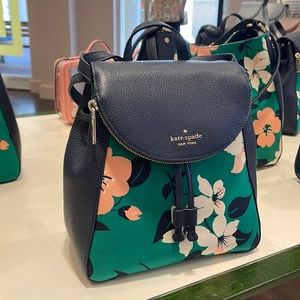 Kate Spade Leila Medium Flap Backpack Lily Blooms Green Multi Color